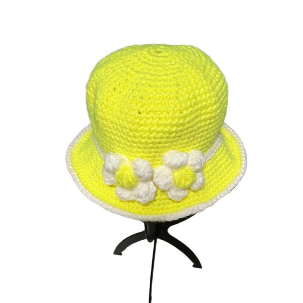 Yellow Flower Baby Bucket Hat Handmade Crochet - Picture 4 of 8